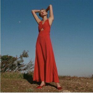 Doen XS Amoretta Maxi Dress Tigerlily Red V-Neck Ruffled Cut Out